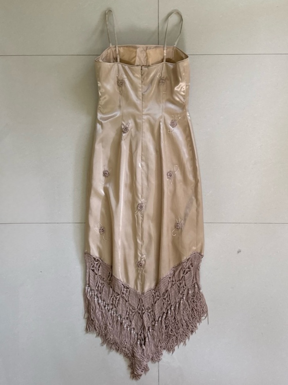 Cache Champagne Gold Satin Dress with Crochet Tassel Fringe Hem and Flowers - Picture 2 of 5